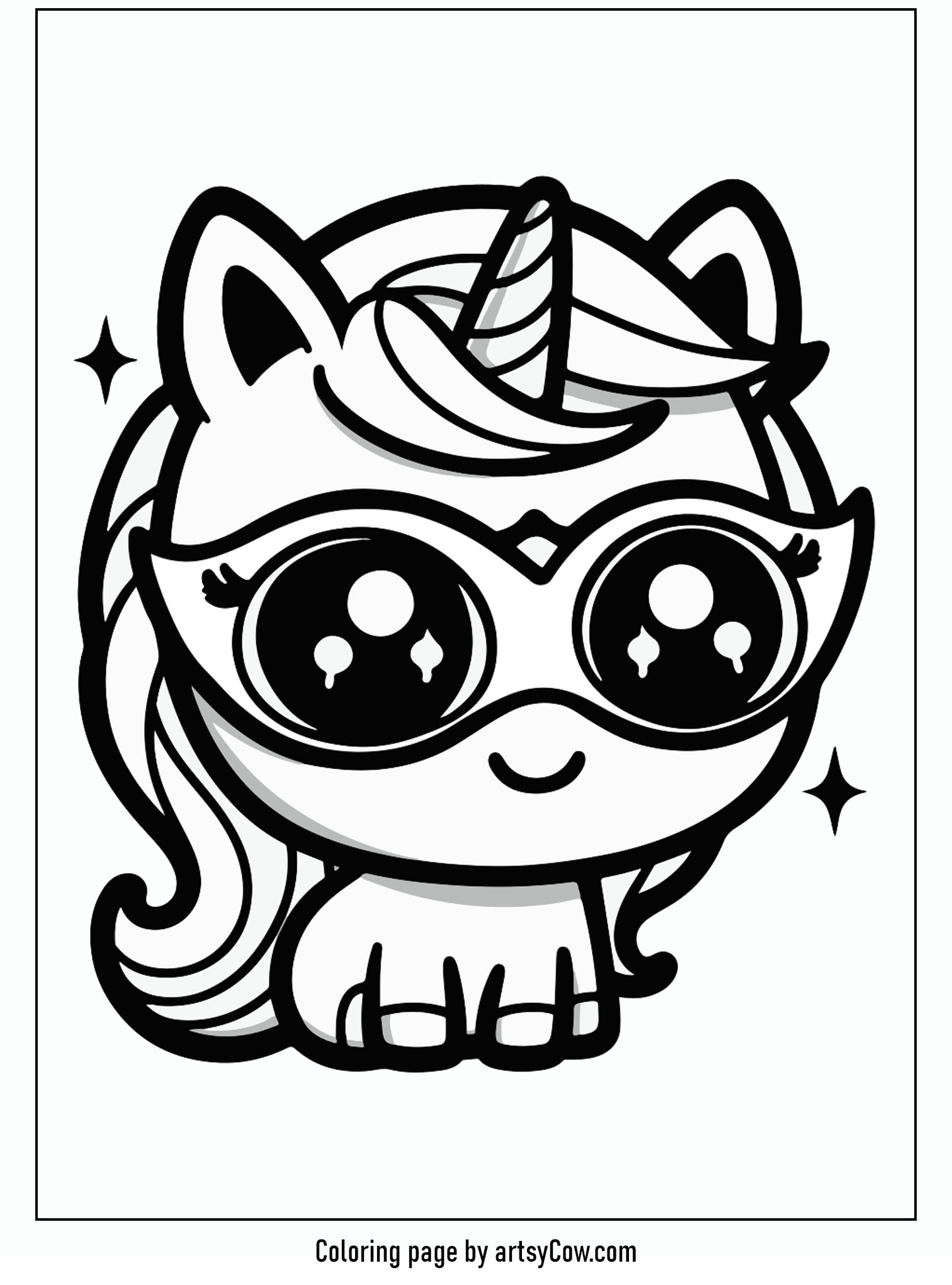 halloween coloring pages with unicorn 2 depicting a cute unicorn wearing a whimsical Halloween mask, adding a playful touch to the festive theme.